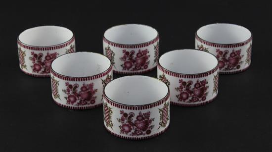 A set of six late 19th century enamel on copper circular napkin rings, 2in.